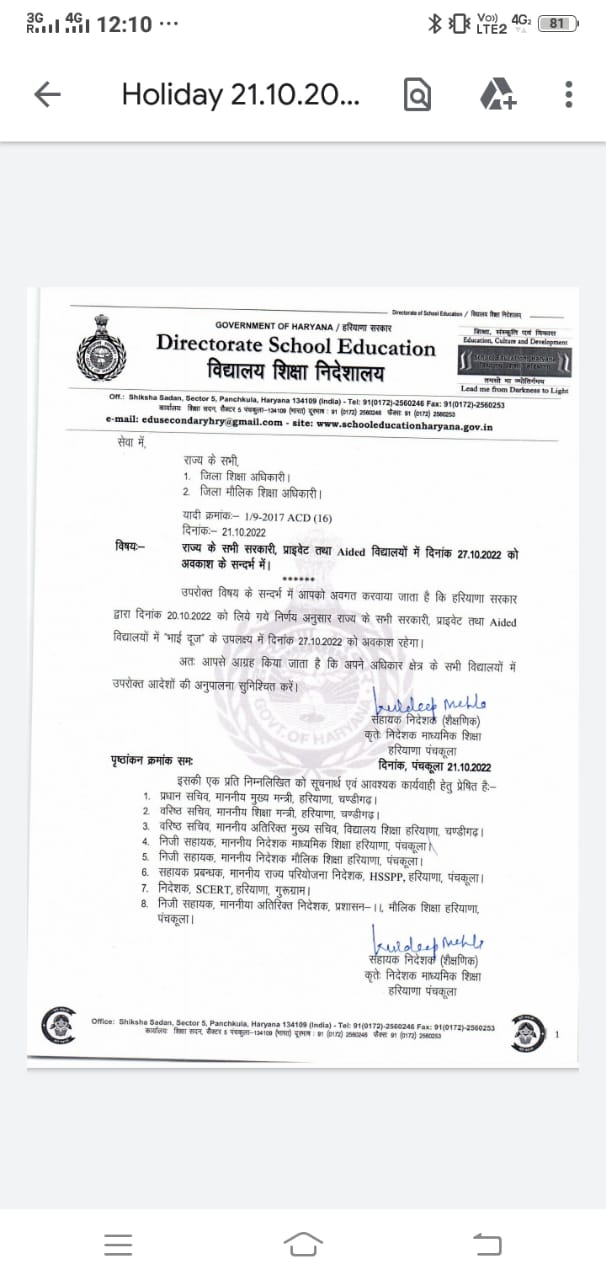 Holiday in Schools of Haryana Govt. Employees News